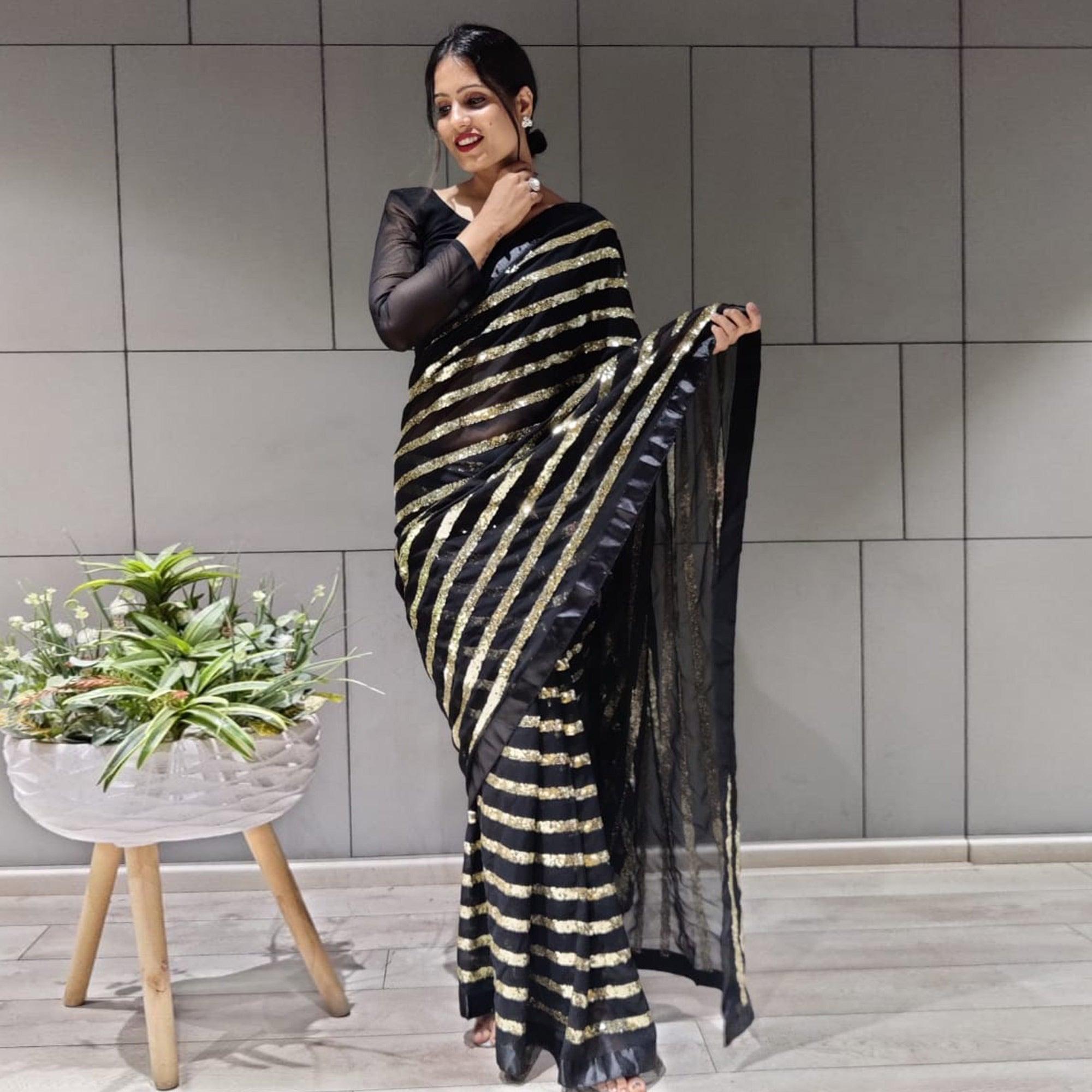 Black Sequence Embroidered With Stripes Georgette Saree - Peachmode