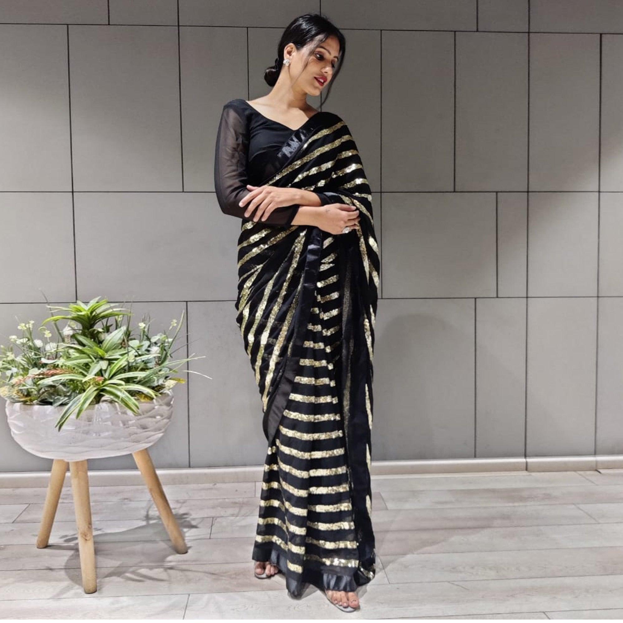Black Sequence Embroidered With Stripes Georgette Saree - Peachmode
