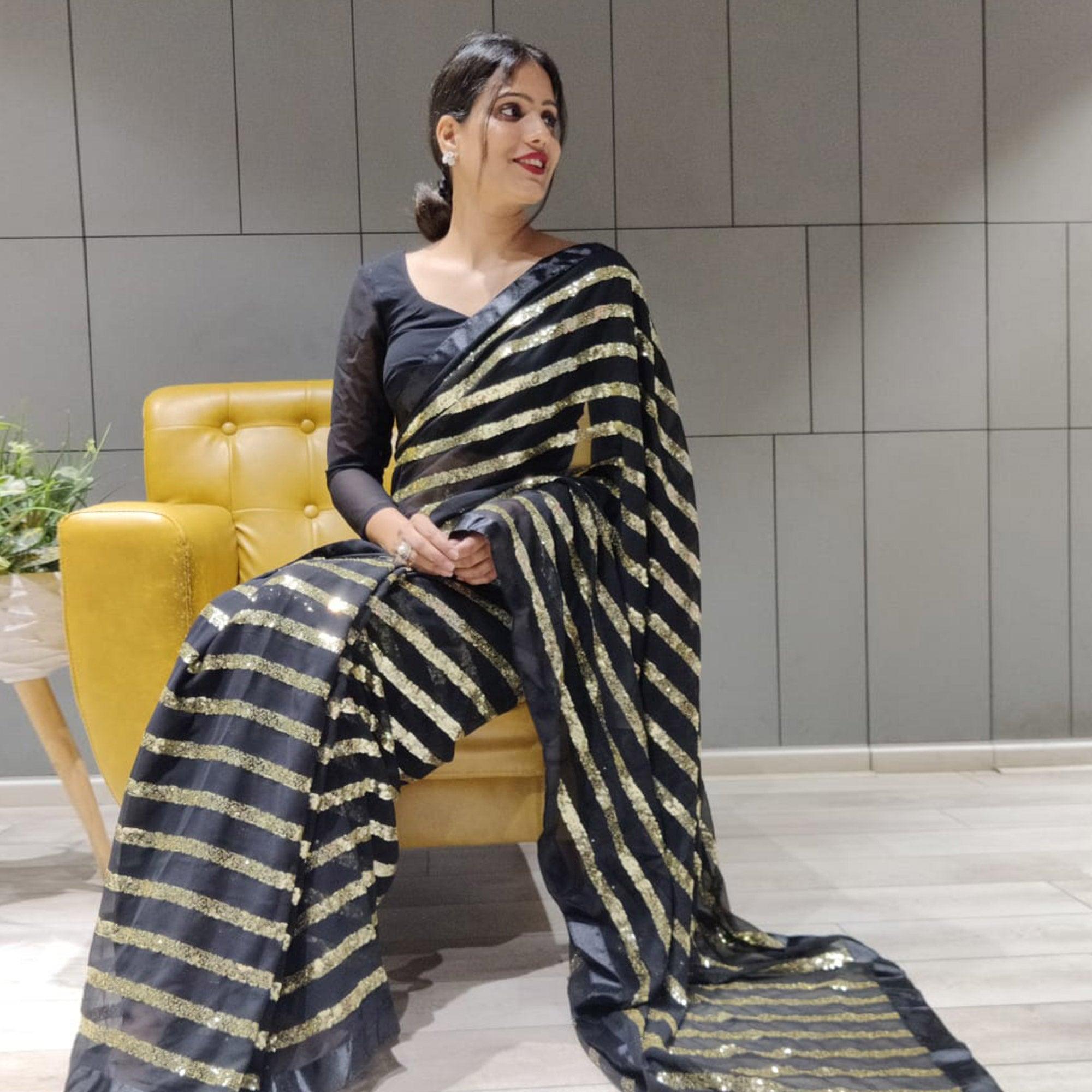 Black Sequence Embroidered With Stripes Georgette Saree - Peachmode
