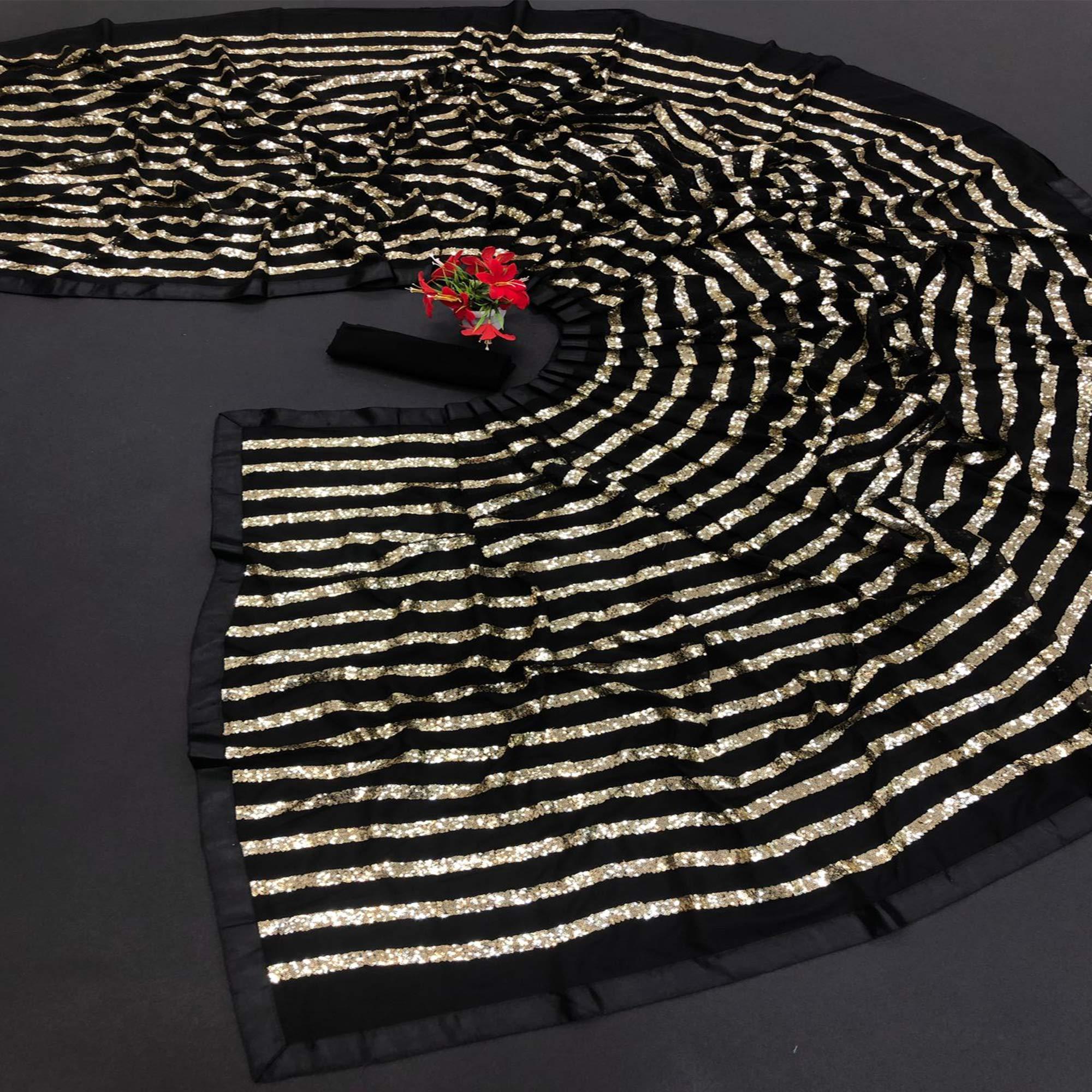 Black Sequence Embroidered With Stripes Georgette Saree - Peachmode