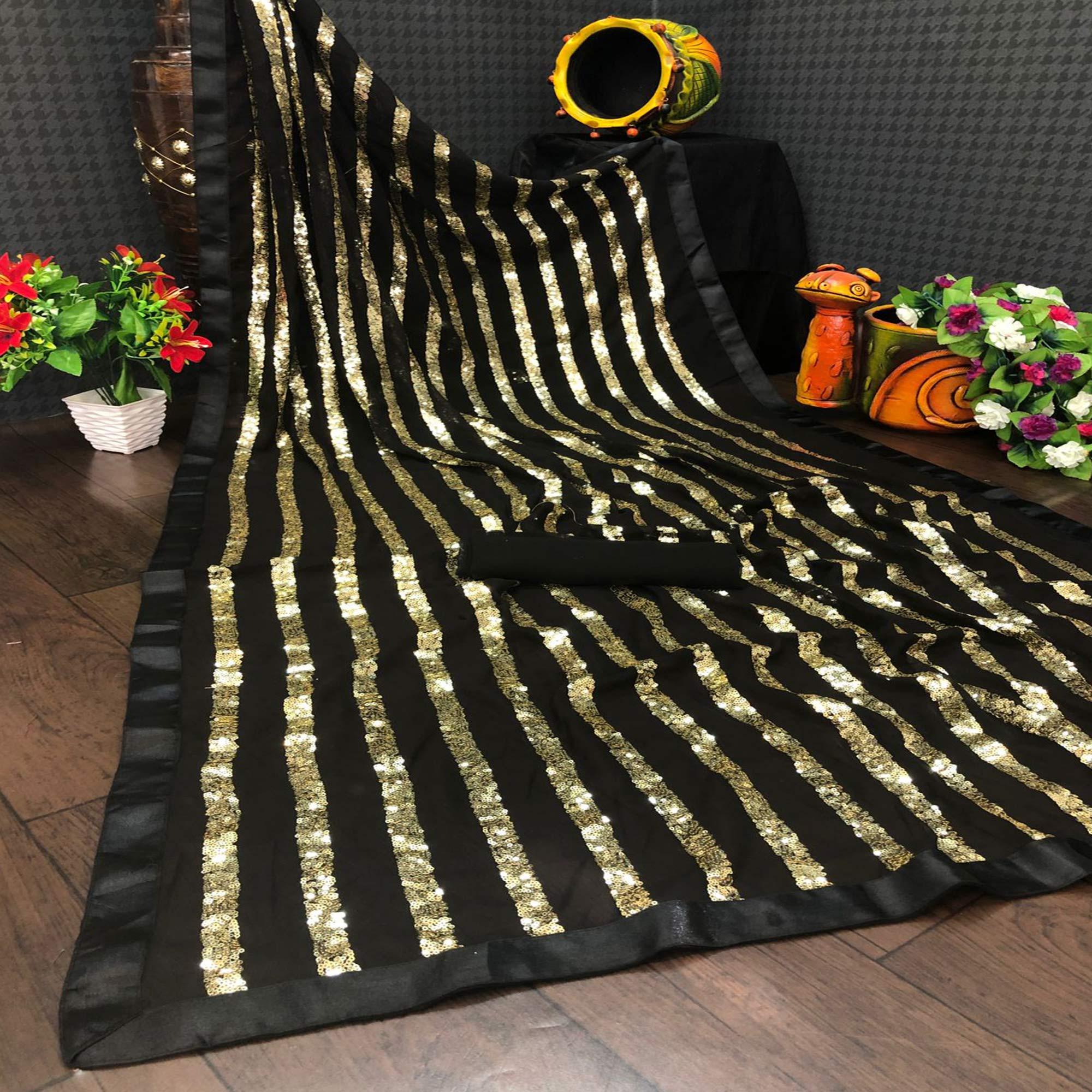 Black Sequence Embroidered With Stripes Georgette Saree - Peachmode