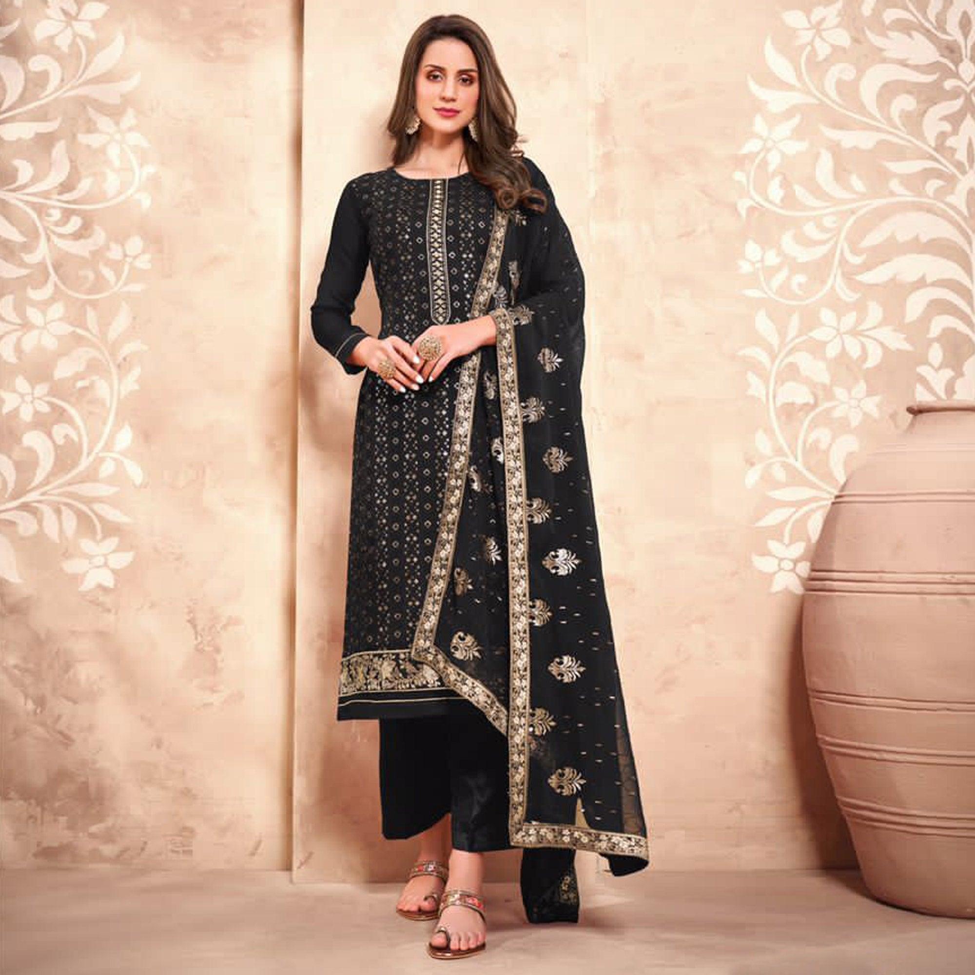 Black Sequence Georgette Partywear Suit - Peachmode