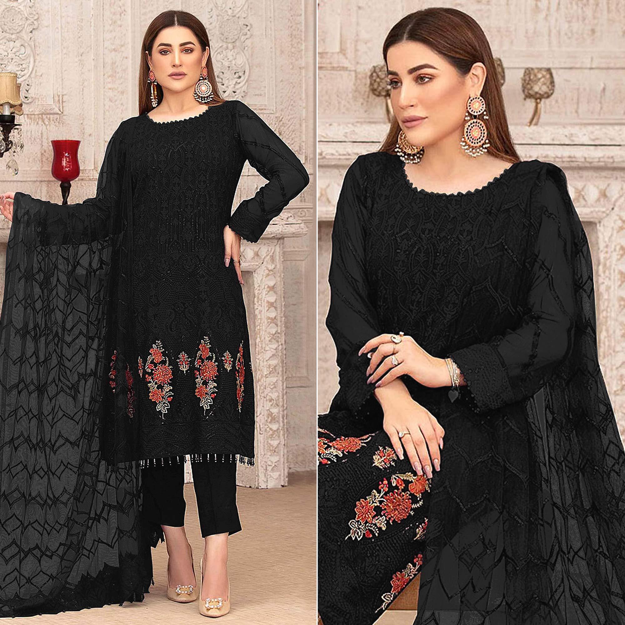 Black Sequence With Floral Embroidered Georgette Pakistani Suit - Peachmode