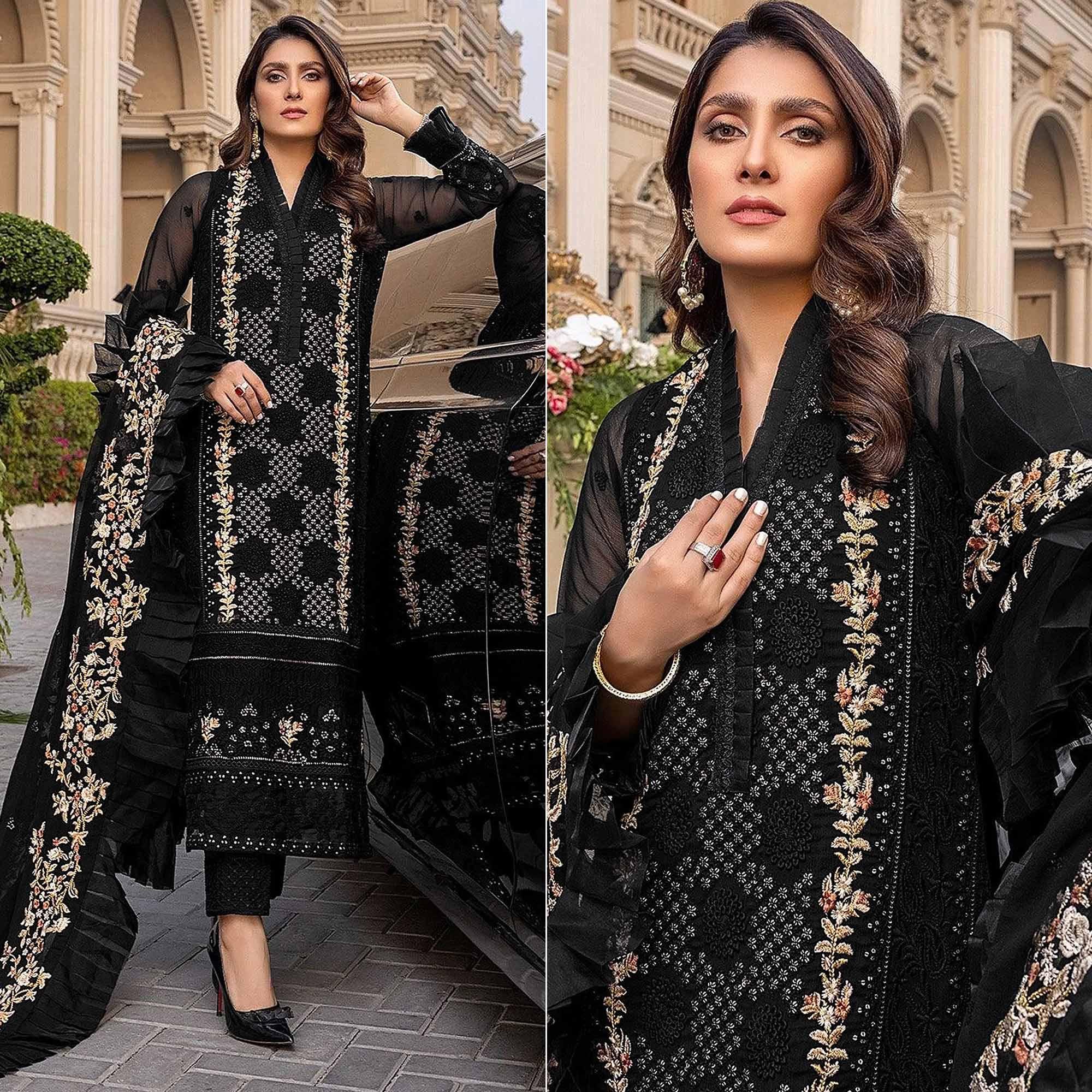 Black Sequence With Floral Embroidered Georgette Pakistani Suit - Peachmode