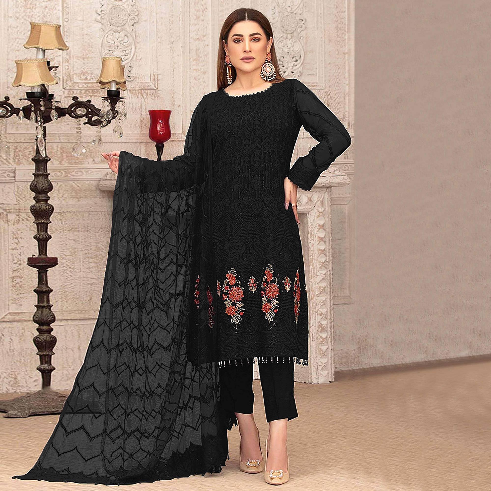 Black Sequence With Floral Embroidered Georgette Pakistani Suit - Peachmode