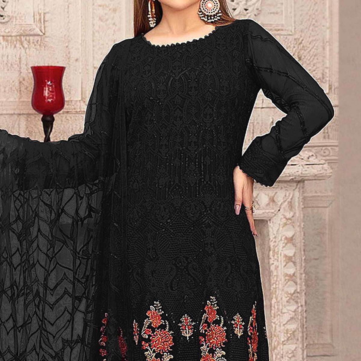 Black Sequence With Floral Embroidered Georgette Pakistani Suit - Peachmode