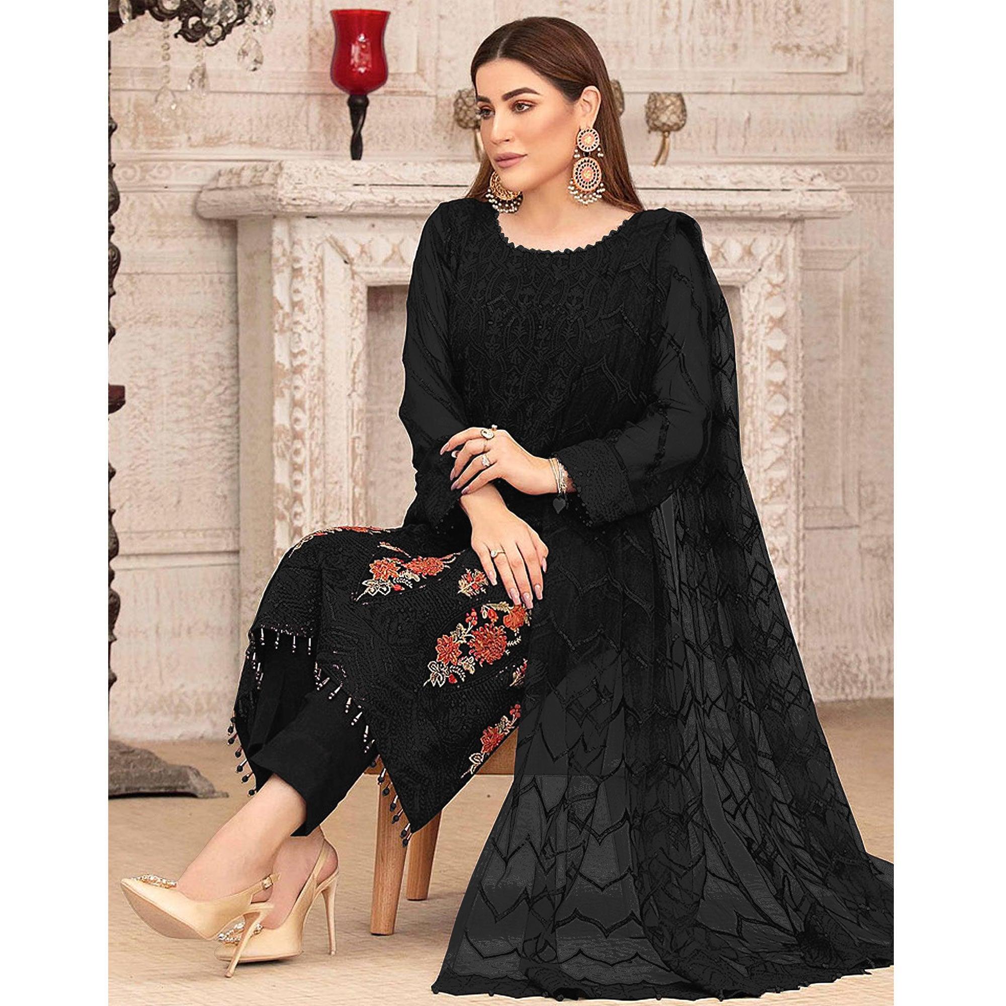 Black Sequence With Floral Embroidered Georgette Pakistani Suit - Peachmode