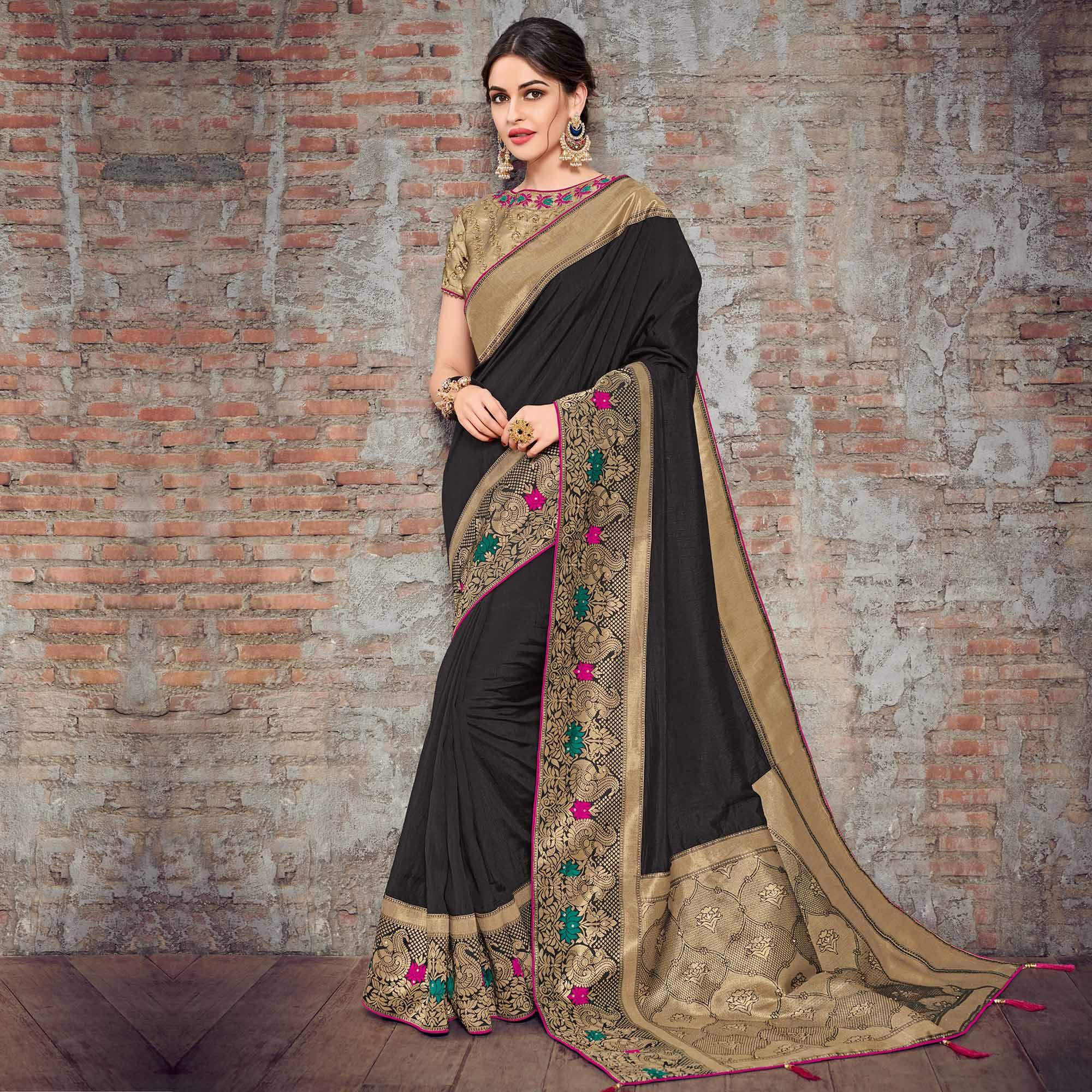 Black Solid Art Silk Saree - Peachmode