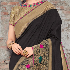 Black Solid Art Silk Saree - Peachmode