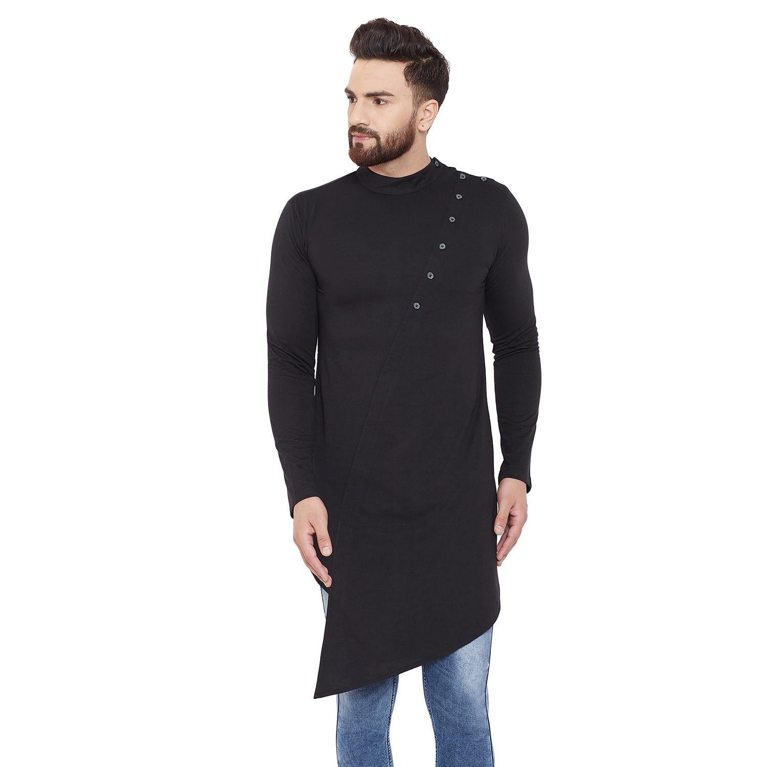 Black Solid Poly Cotton Cotton Kurta - Peachmode