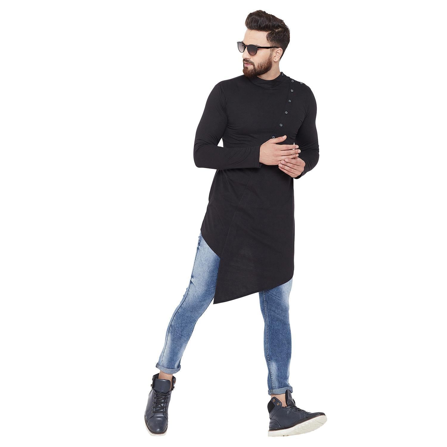 Black Solid Poly Cotton Cotton Kurta - Peachmode