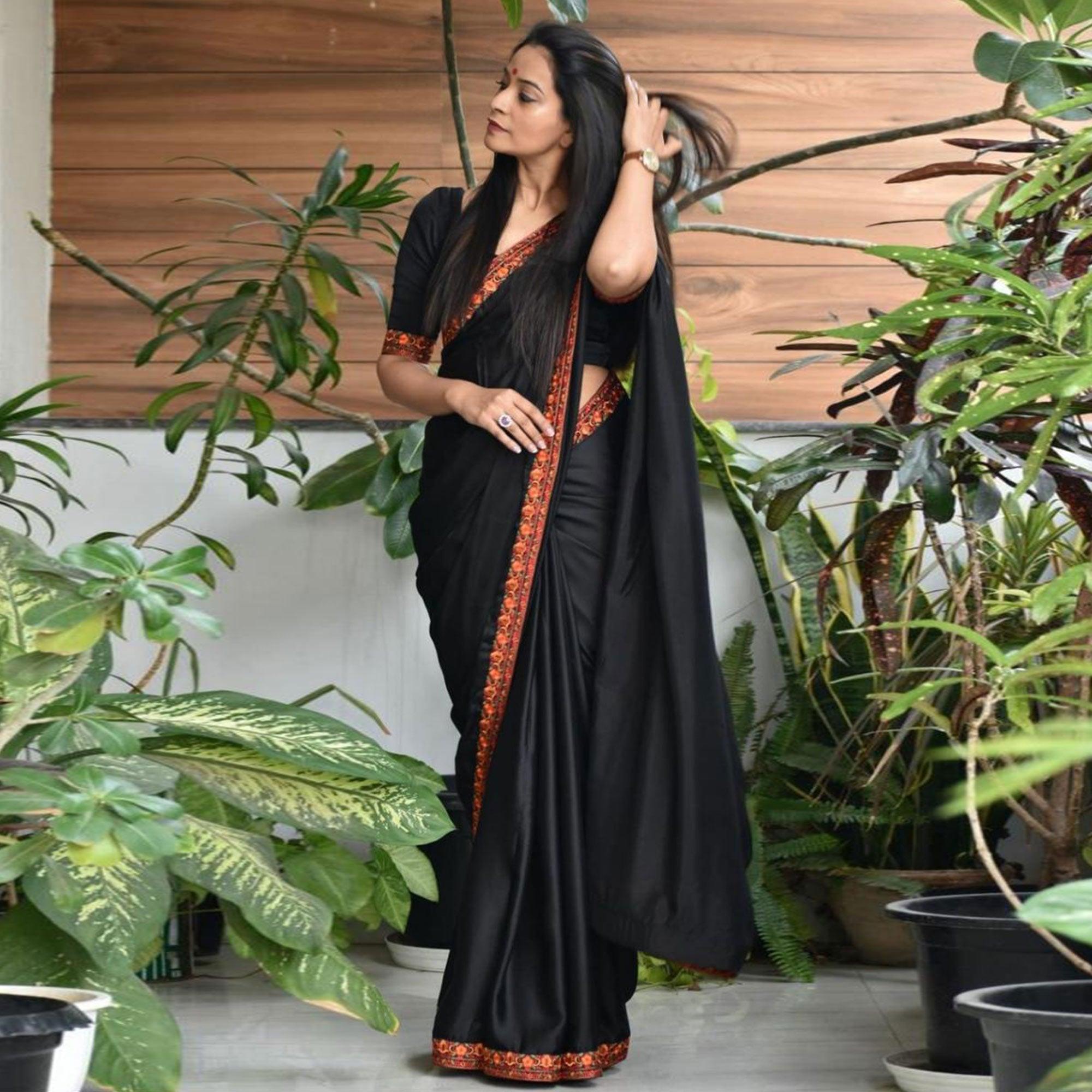 Black Solid Pure Silk Saree - Peachmode