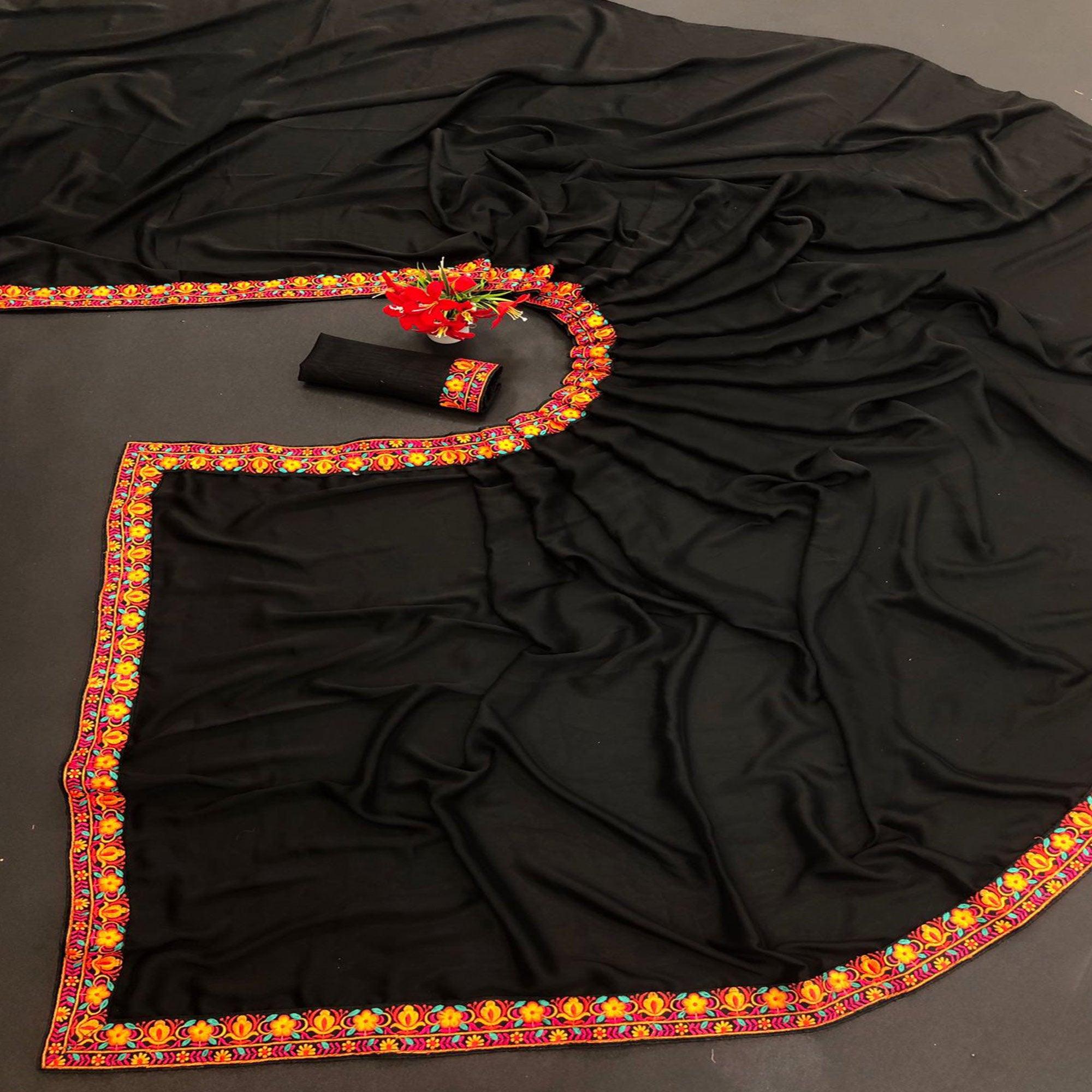 Black Solid Pure Silk Saree - Peachmode