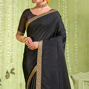 Black Solid With Fancy Border Vichitra Silk Saree - Peachmode
