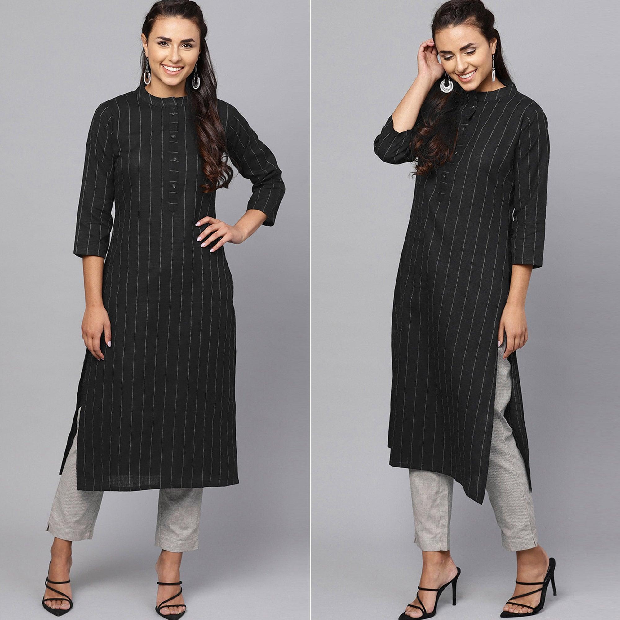 Black Striped Printed Pure Cotton Kurti - Peachmode