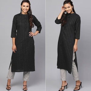 Black Striped Printed Pure Cotton Kurti - Peachmode