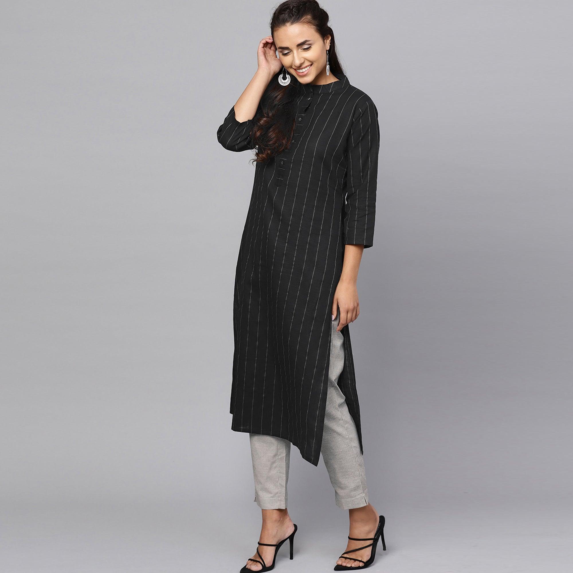 Black Striped Printed Pure Cotton Kurti - Peachmode
