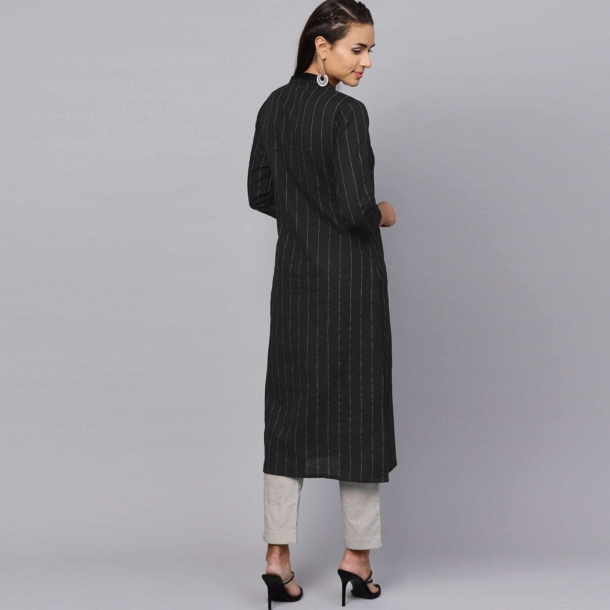 Black Striped Printed Pure Cotton Kurti - Peachmode