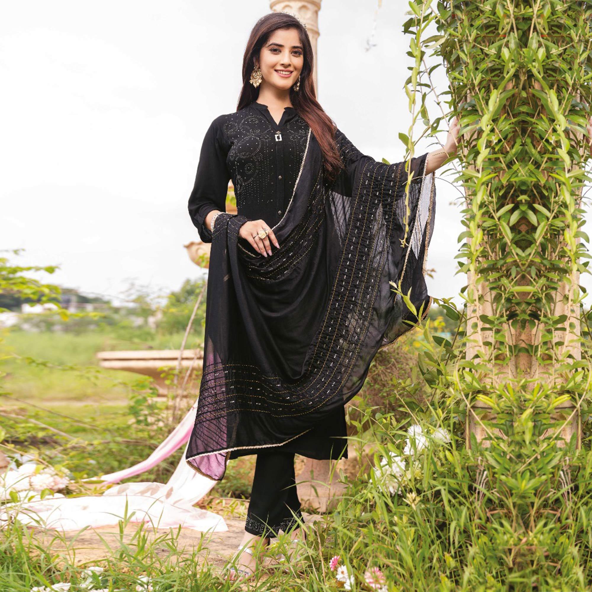 Black Swarovski Work Rayon Salwar Suit - Peachmode