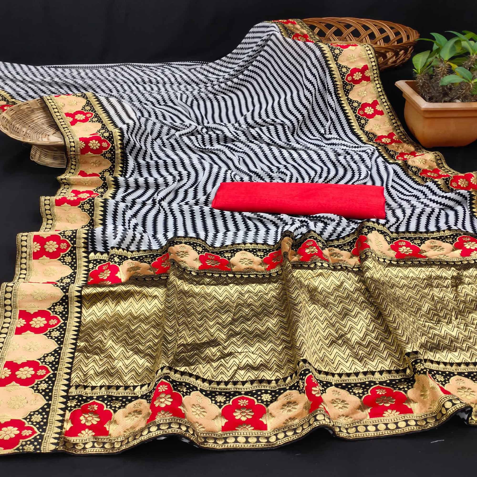 Black-White Festive Wear Zari Woven With Jacquard Lace & Pallu Sana Silk Saree - Peachmode