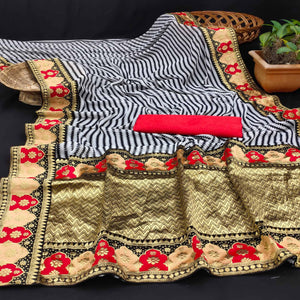 Black-White Festive Wear Zari Woven With Jacquard Lace & Pallu Sana Silk Saree - Peachmode