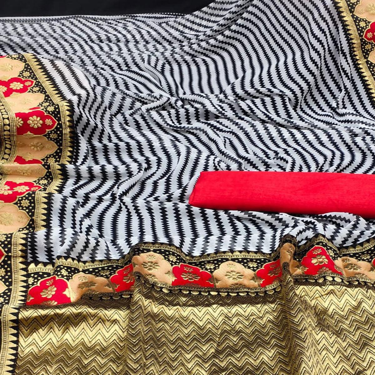 Black-White Festive Wear Zari Woven With Jacquard Lace & Pallu Sana Silk Saree - Peachmode