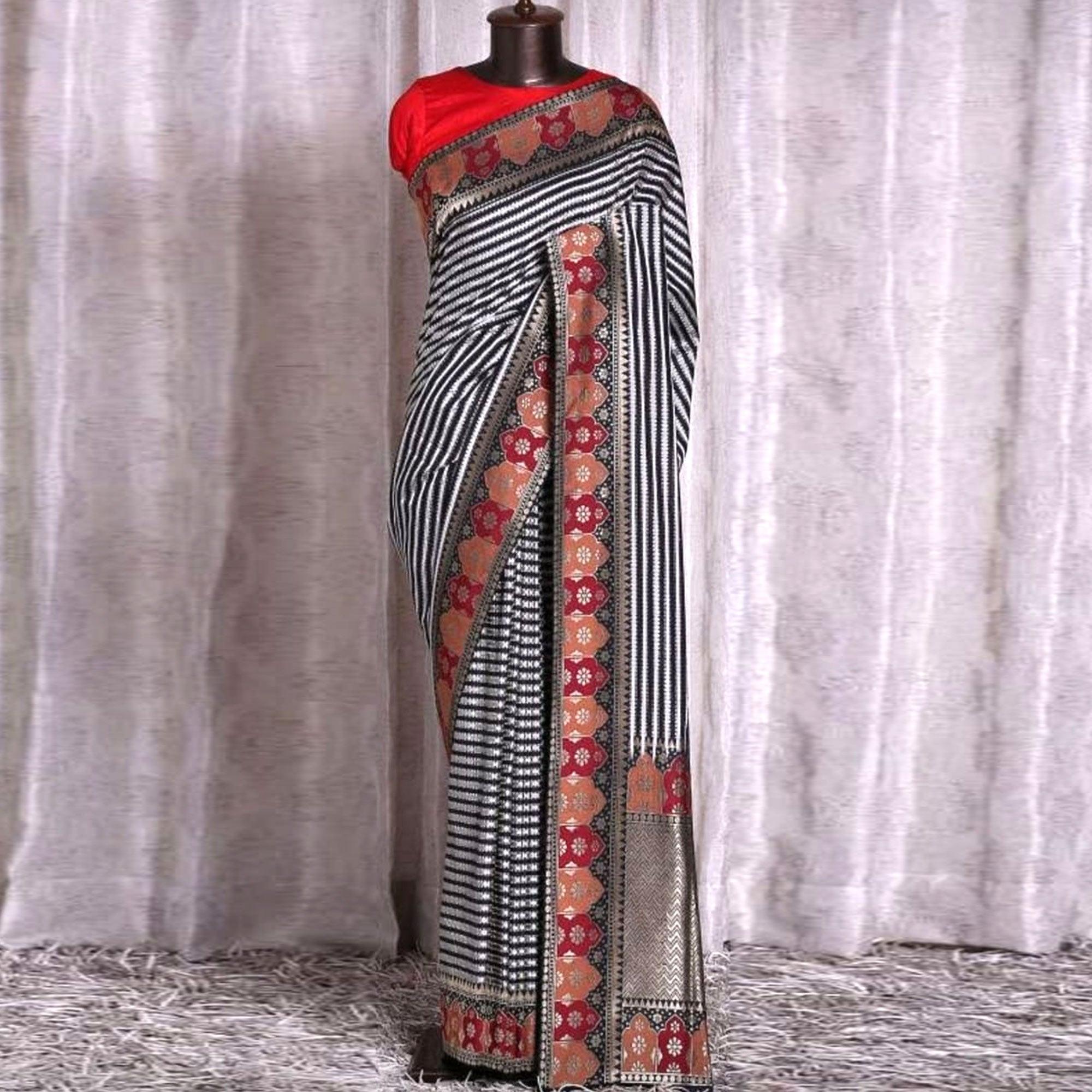 Black-White Festive Wear Zari Woven With Jacquard Lace & Pallu Sana Silk Saree - Peachmode