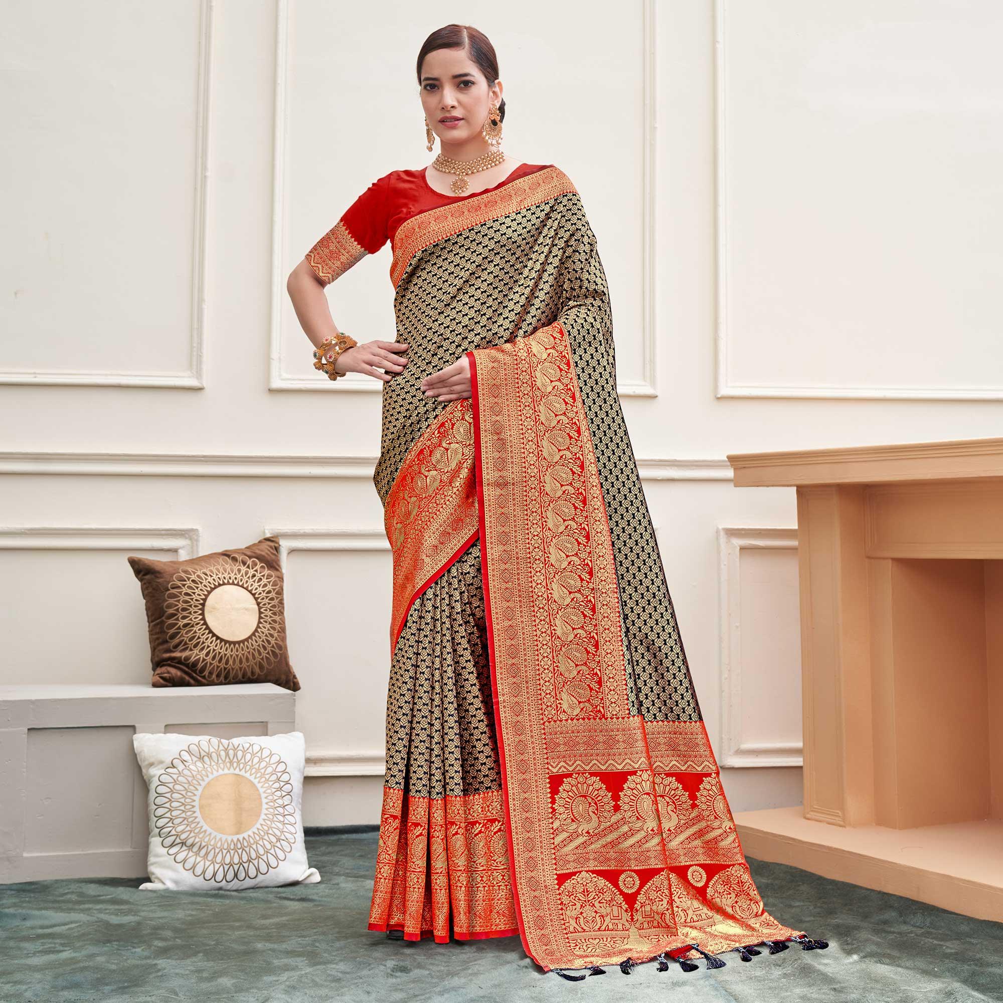 Black Woven Art Silk Saree - Peachmode