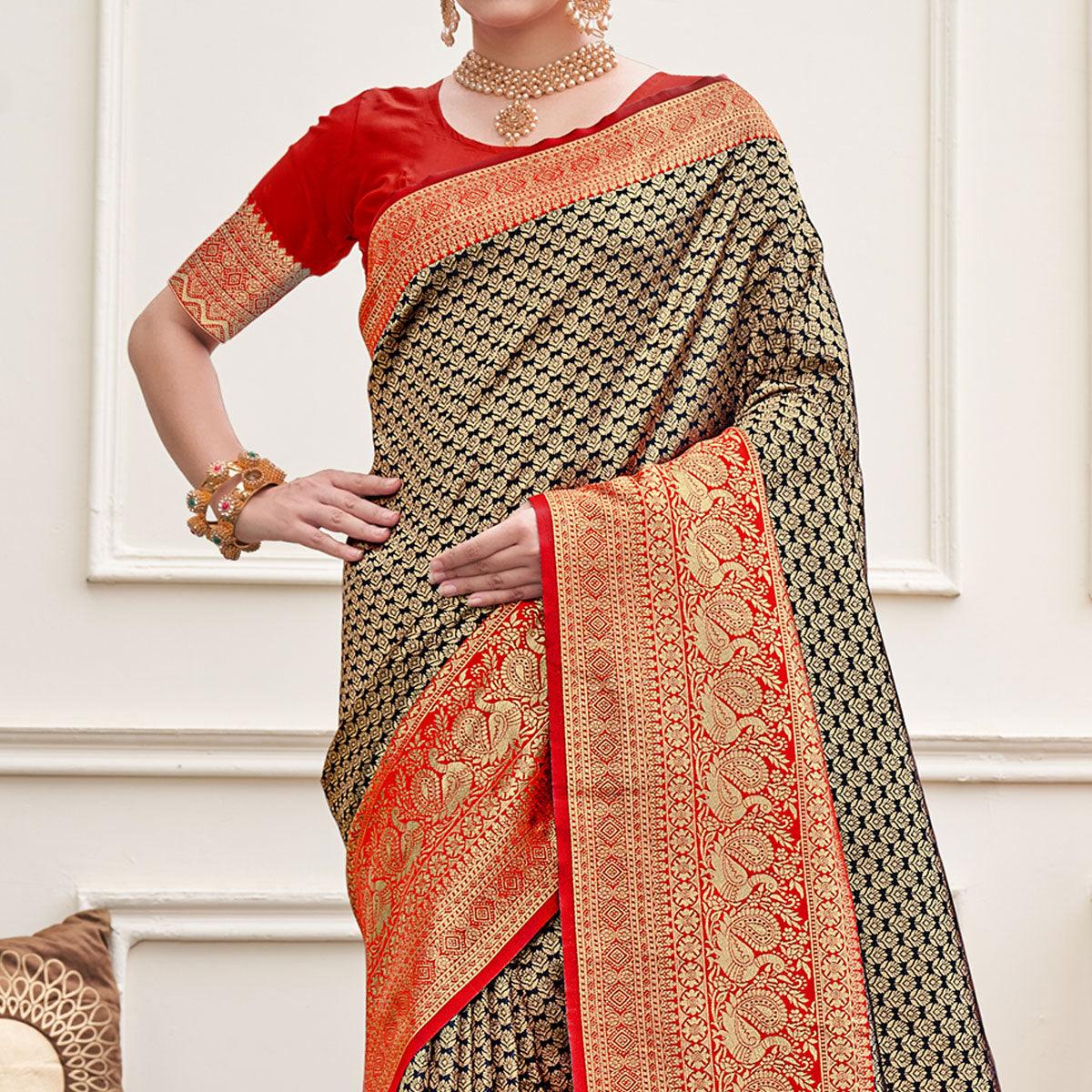 Black Woven Art Silk Saree - Peachmode
