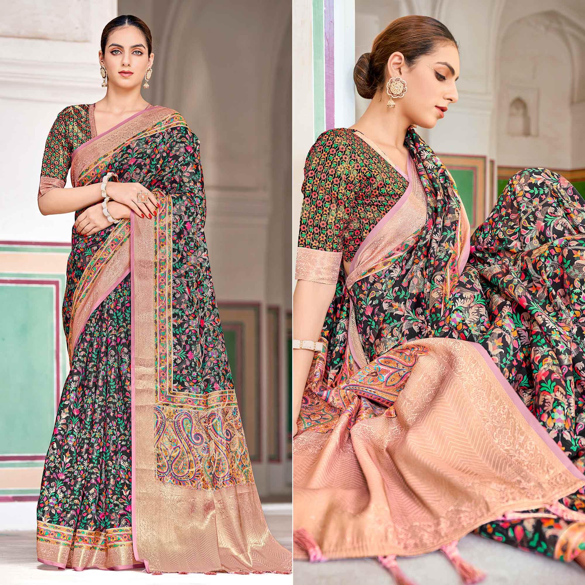 Black Woven Art Silk Saree With Tassels - Peachmode