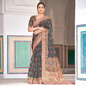 Black Woven Art Silk Saree With Tassels - Peachmode