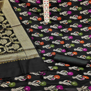Black Woven Banarasi Dress Material - Peachmode