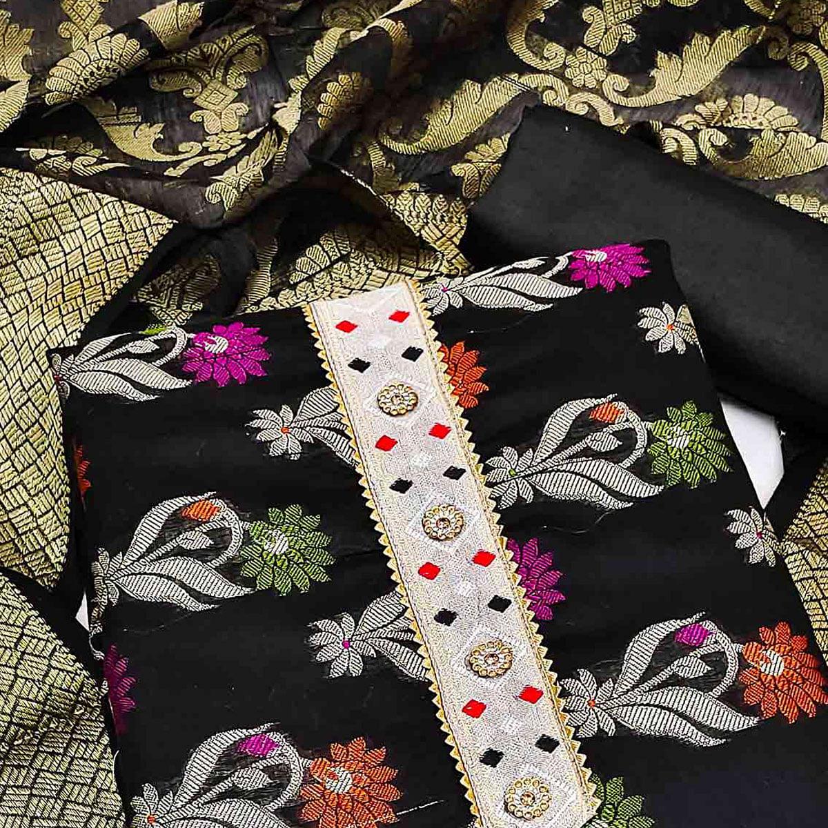 Black Woven Banarasi Dress Material - Peachmode