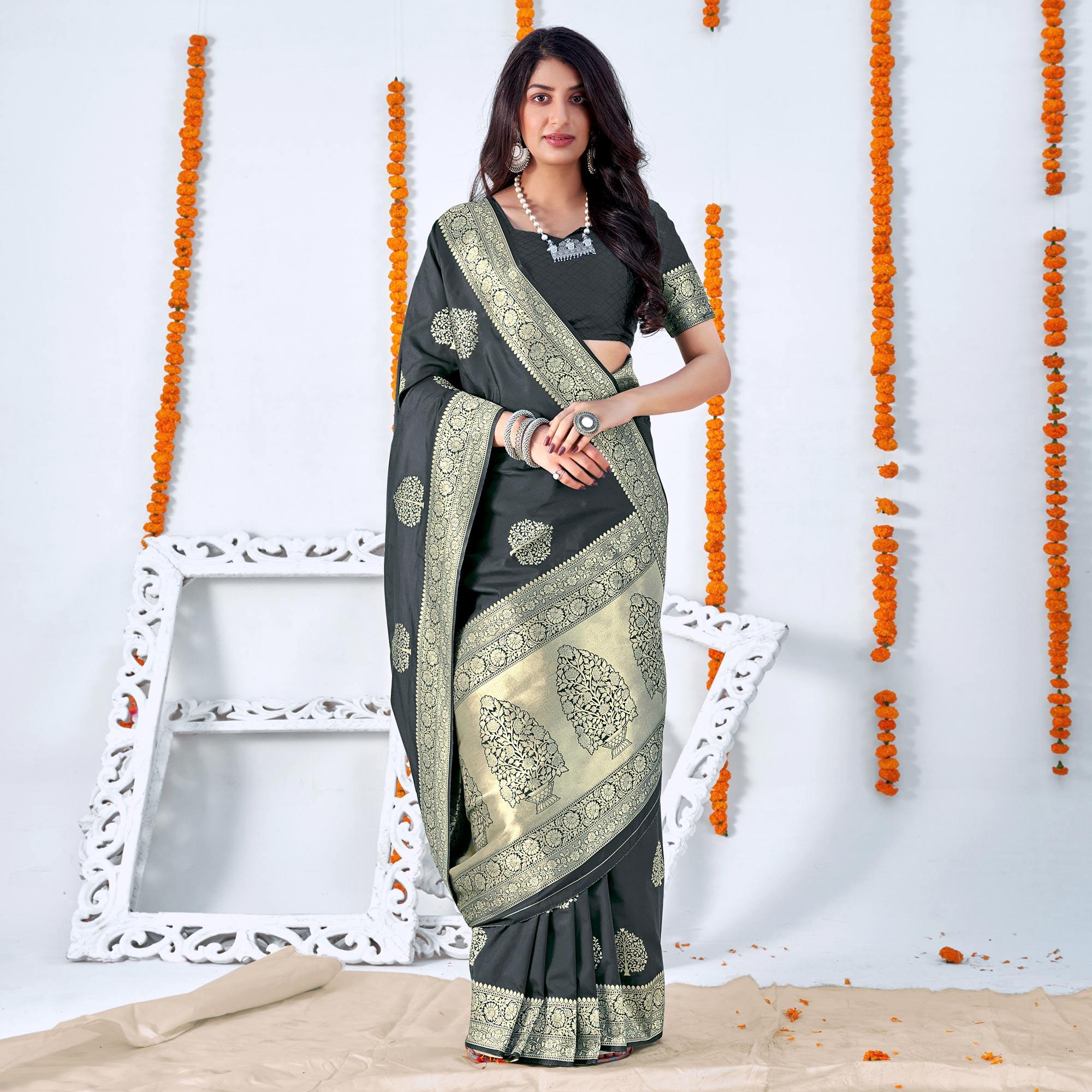 Black Woven Banarasi Silk Saree - Peachmode