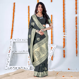 Black Woven Banarasi Silk Saree - Peachmode