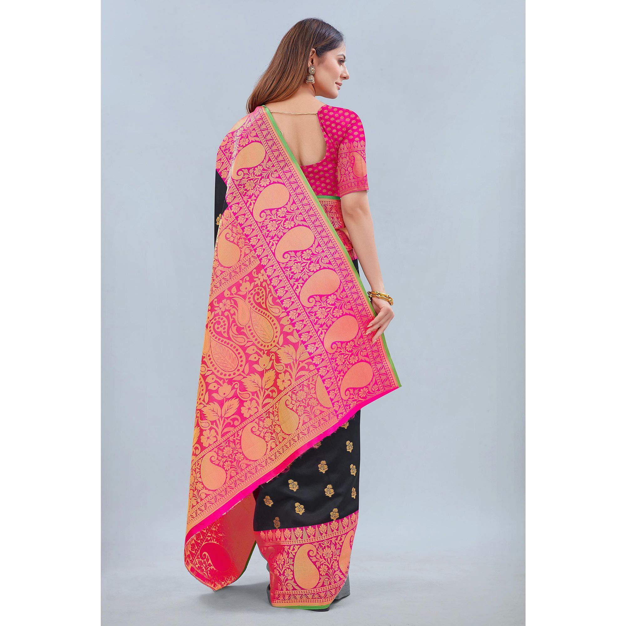 Black Woven Banarasi Silk Saree - Peachmode