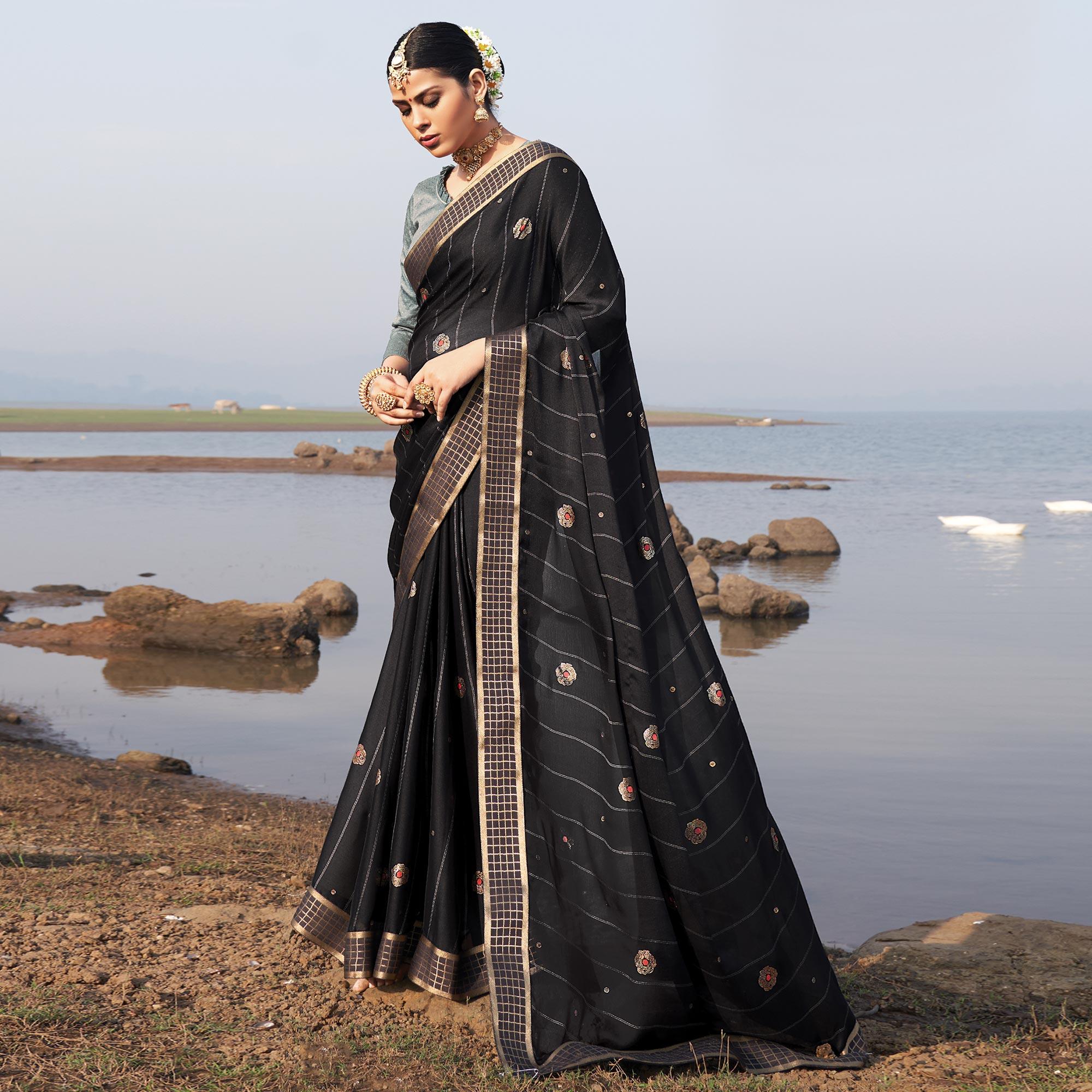 Black Woven Chiffon Saree - Peachmode
