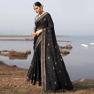 Black Woven Chiffon Saree - Peachmode