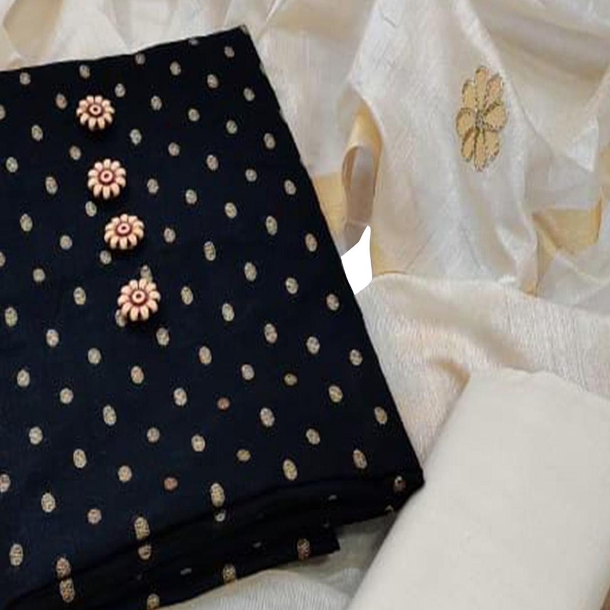 Black Woven Cotton Blend Dress Material - Peachmode