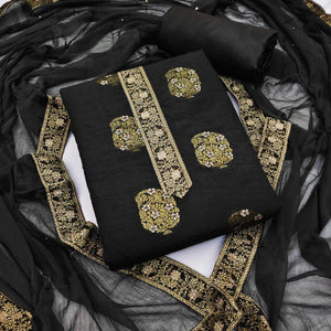 Black Woven Dola Silk Dress Material - Peachmode