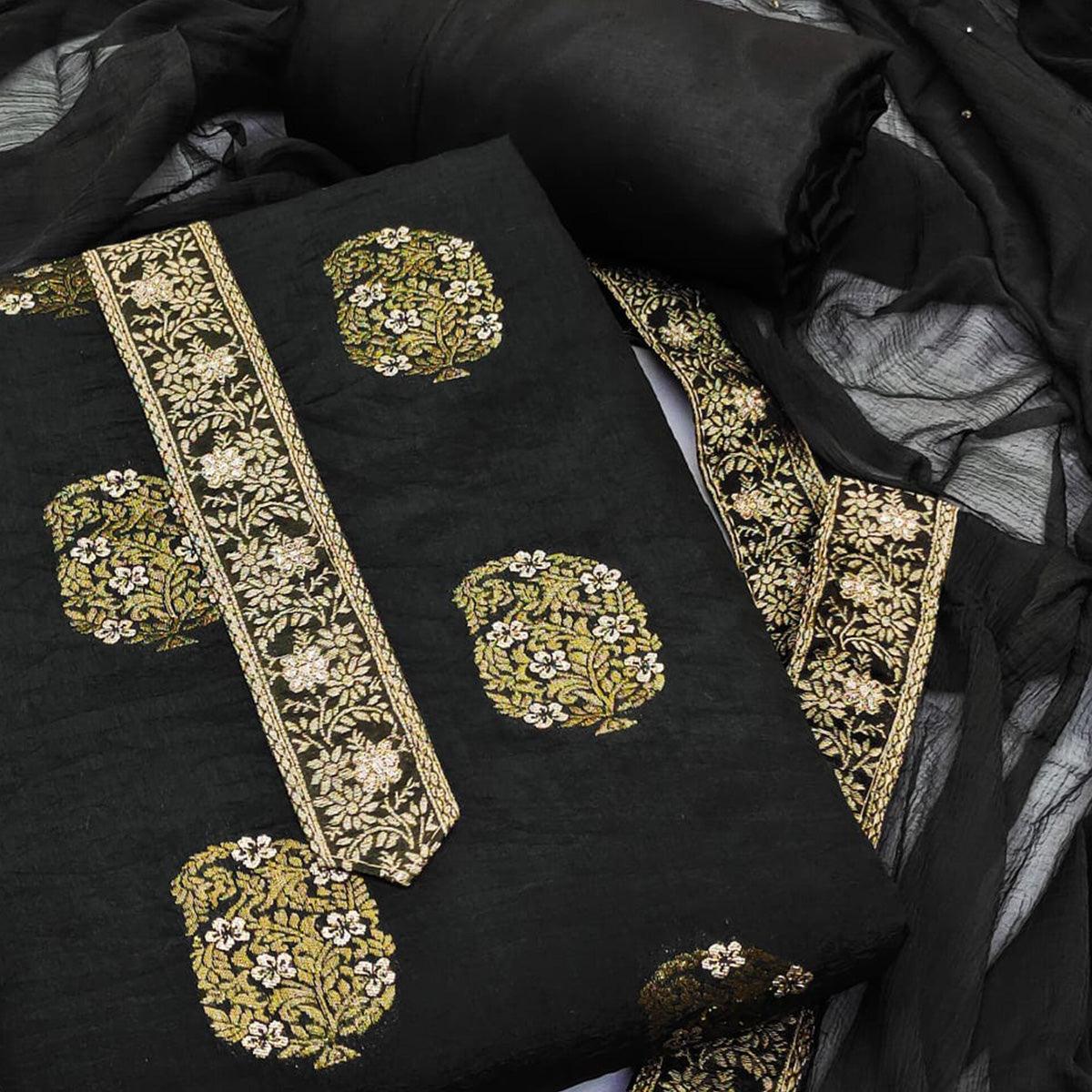 Black Woven Dola Silk Dress Material - Peachmode