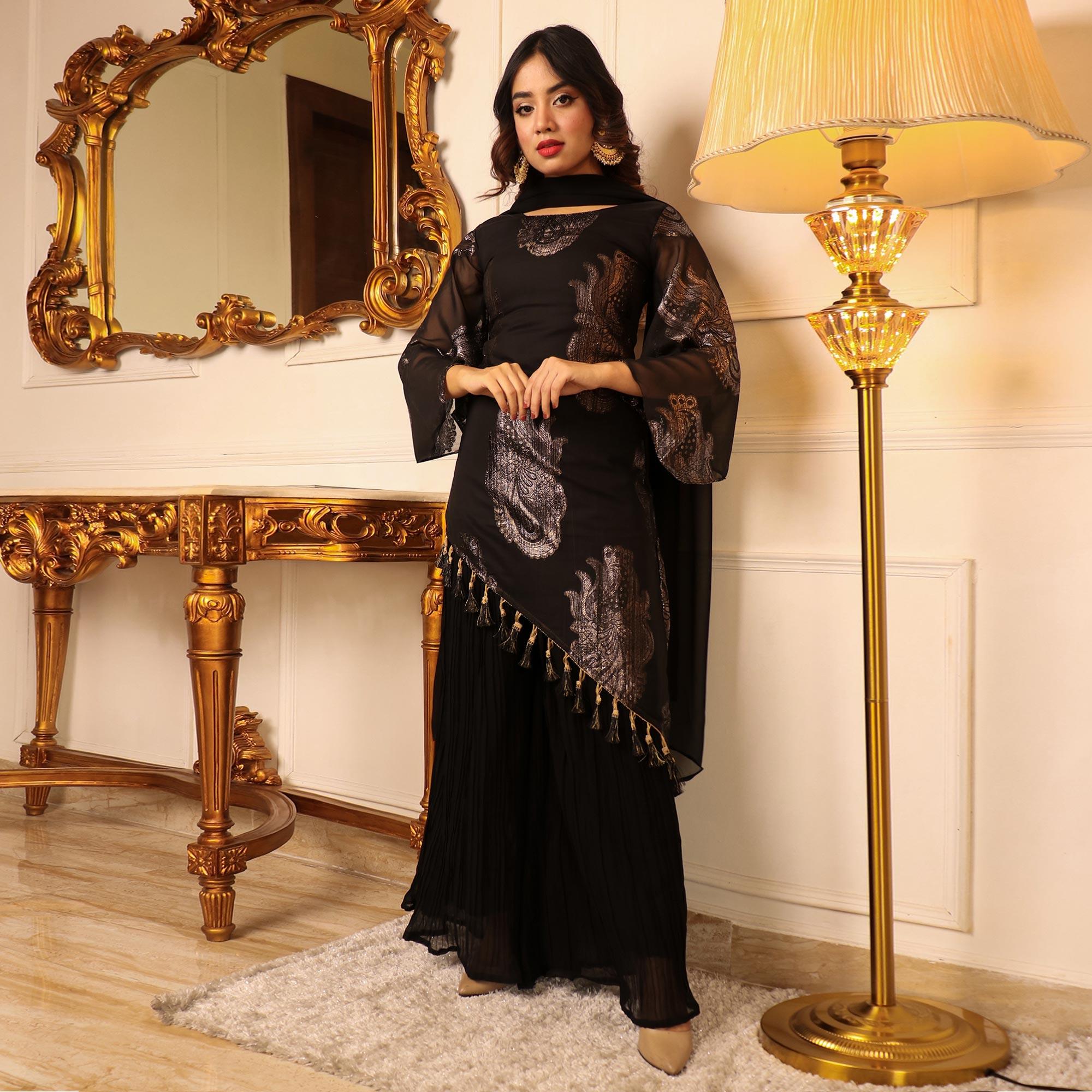 Black Woven Georgette Kurti Palazzo Set - Peachmode