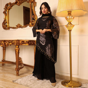 Black Woven Georgette Kurti Palazzo Set - Peachmode