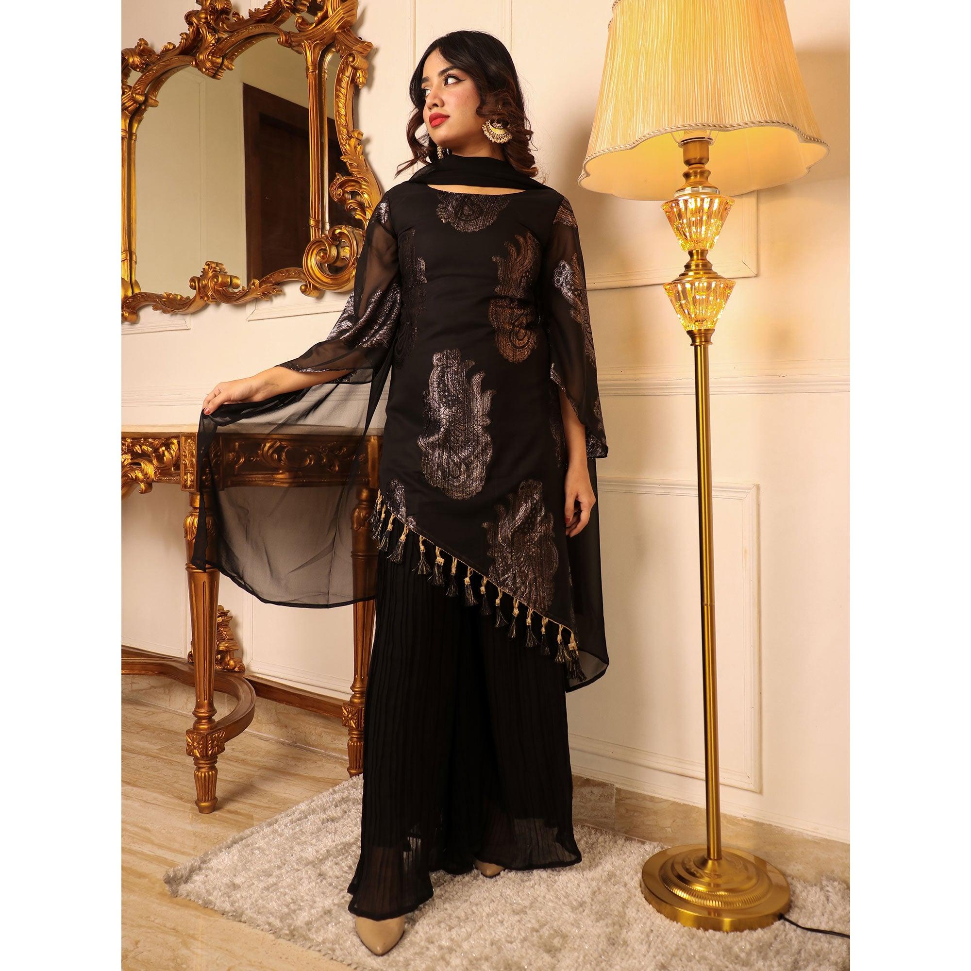 Black Woven Georgette Kurti Palazzo Set - Peachmode