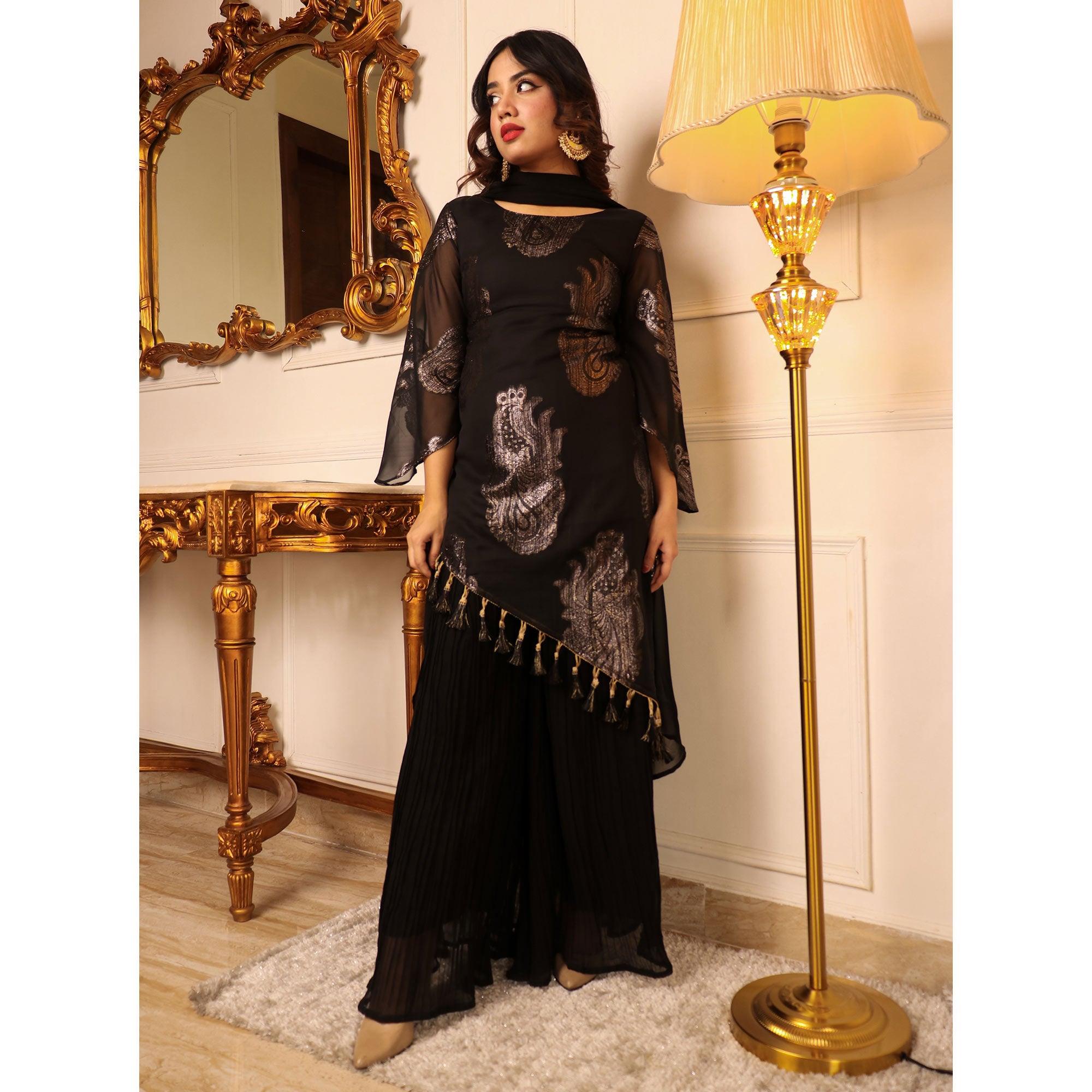 Black Woven Georgette Kurti Palazzo Set - Peachmode