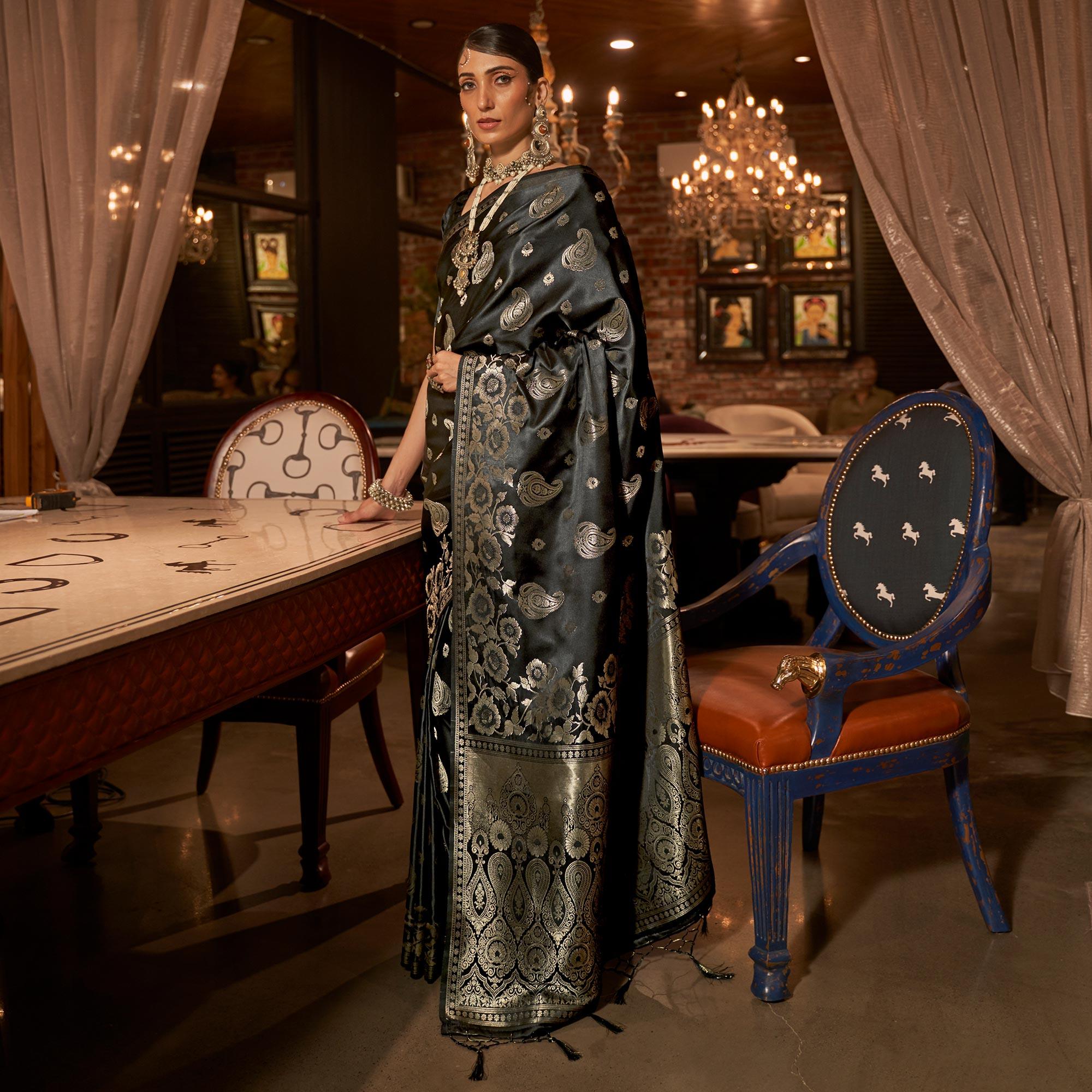 Black Woven Satin Saree With Tassels - Peachmode