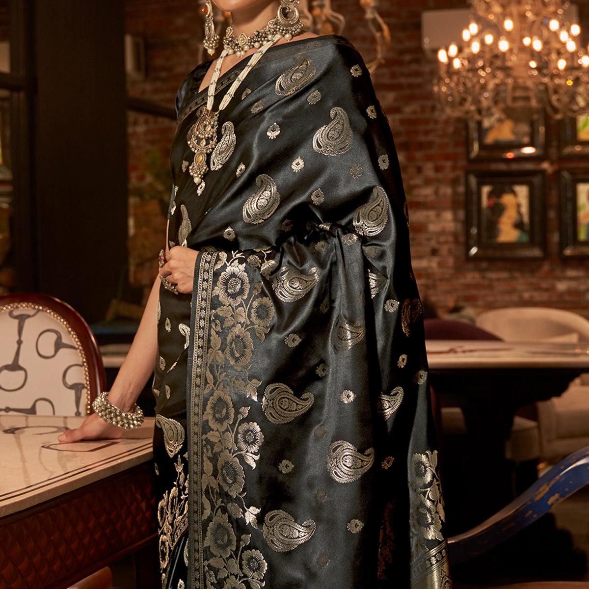 Black Woven Satin Saree With Tassels - Peachmode