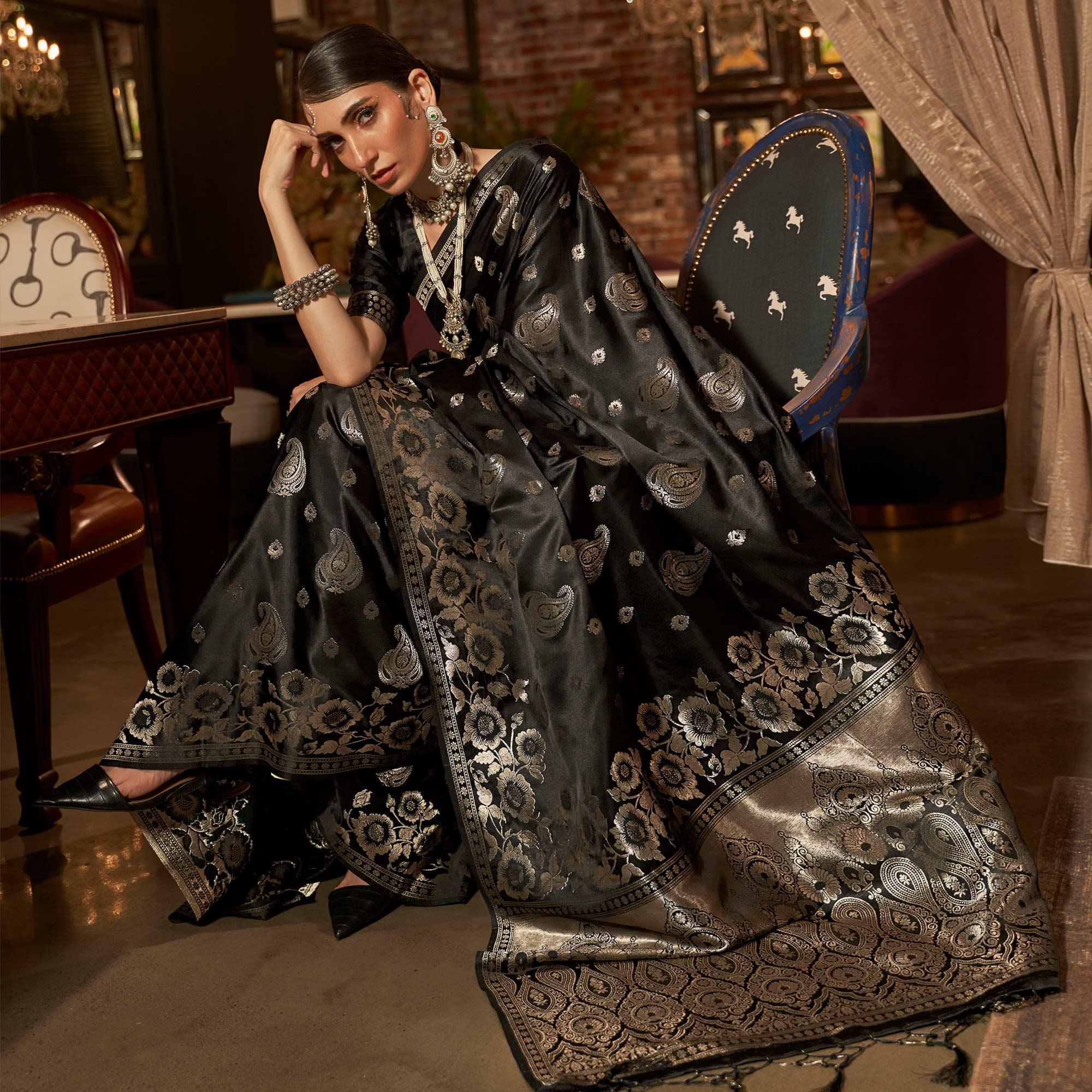 Black Woven Satin Saree With Tassels - Peachmode