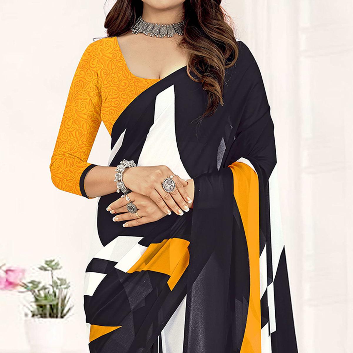 Black-Yellow Geometric Printed Georgette Saree - Peachmode