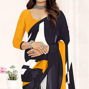 Black-Yellow Geometric Printed Georgette Saree - Peachmode